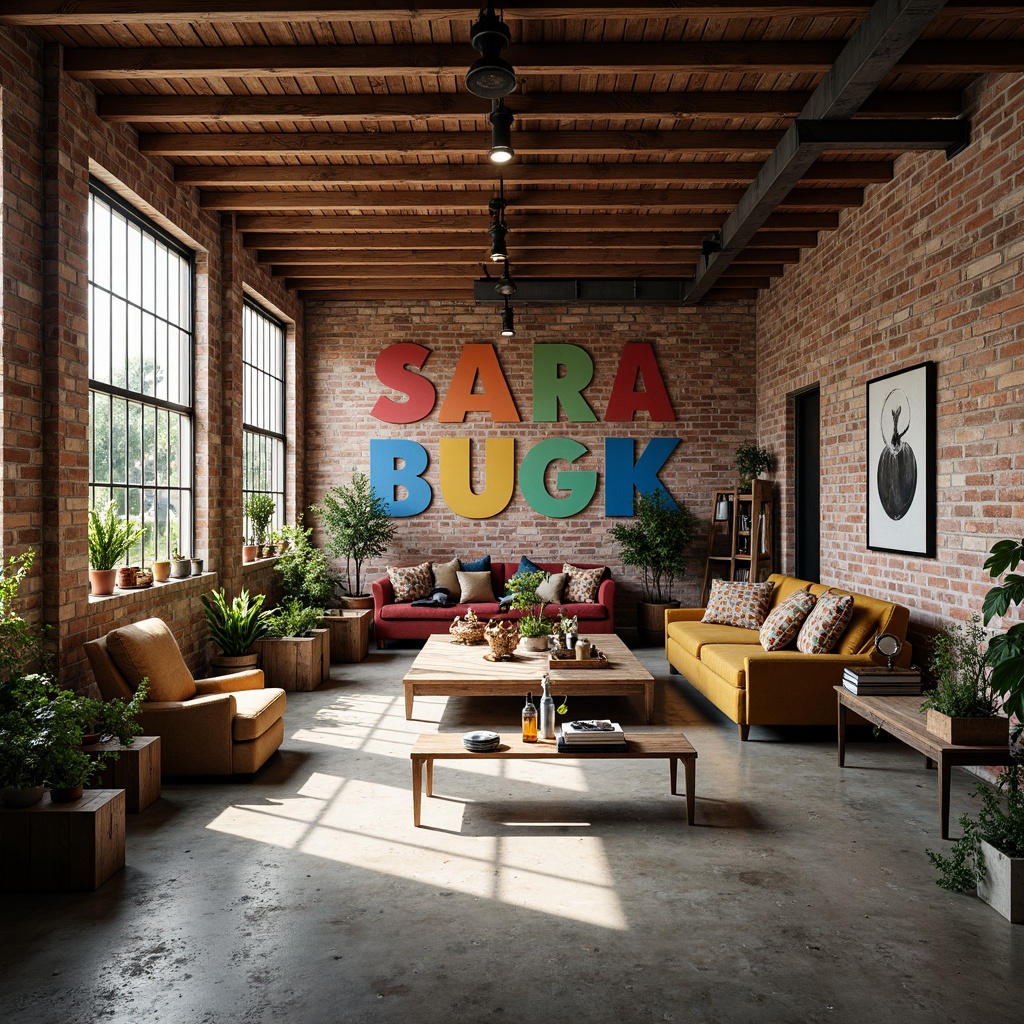 Prompt: Industrial warehouse interior, exposed brick walls, metal beams, polished concrete floors, vibrant color accents, bold typography, eclectic art pieces, reclaimed wood furniture, modern lighting fixtures, urban loft atmosphere, natural light pouring in, soft warm glow, shallow depth of field, 1/1 composition, realistic textures, ambient occlusion.