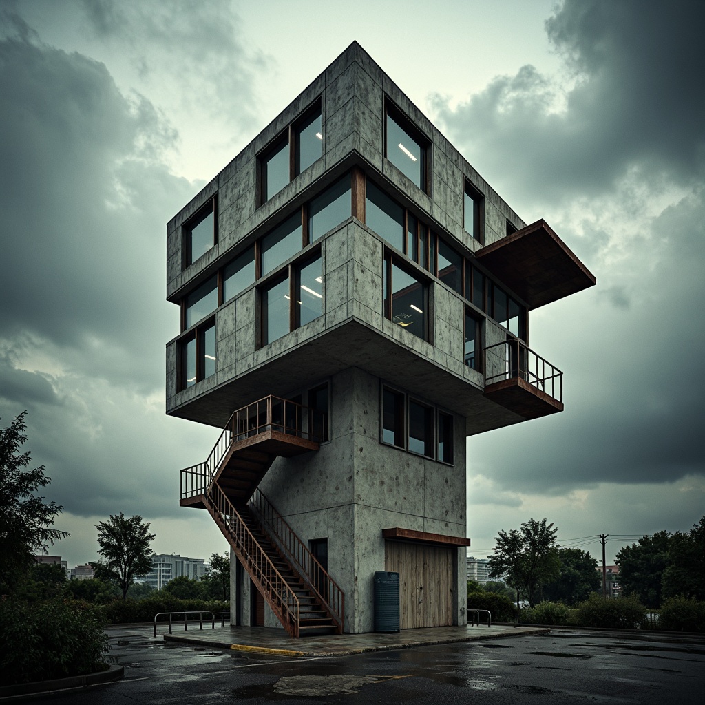 Prompt: Rugged watching tower, brutalist architecture, raw concrete textures, fortress-like structure, narrow windows, industrial metal doors, rusty steel beams, dramatic cantilevered floors, imposing verticality, harsh geometric forms, monolithic presence, overcast sky, moody atmospheric lighting, high contrast shadows, cinematic composition, symmetrical framing, gritty realistic rendering.