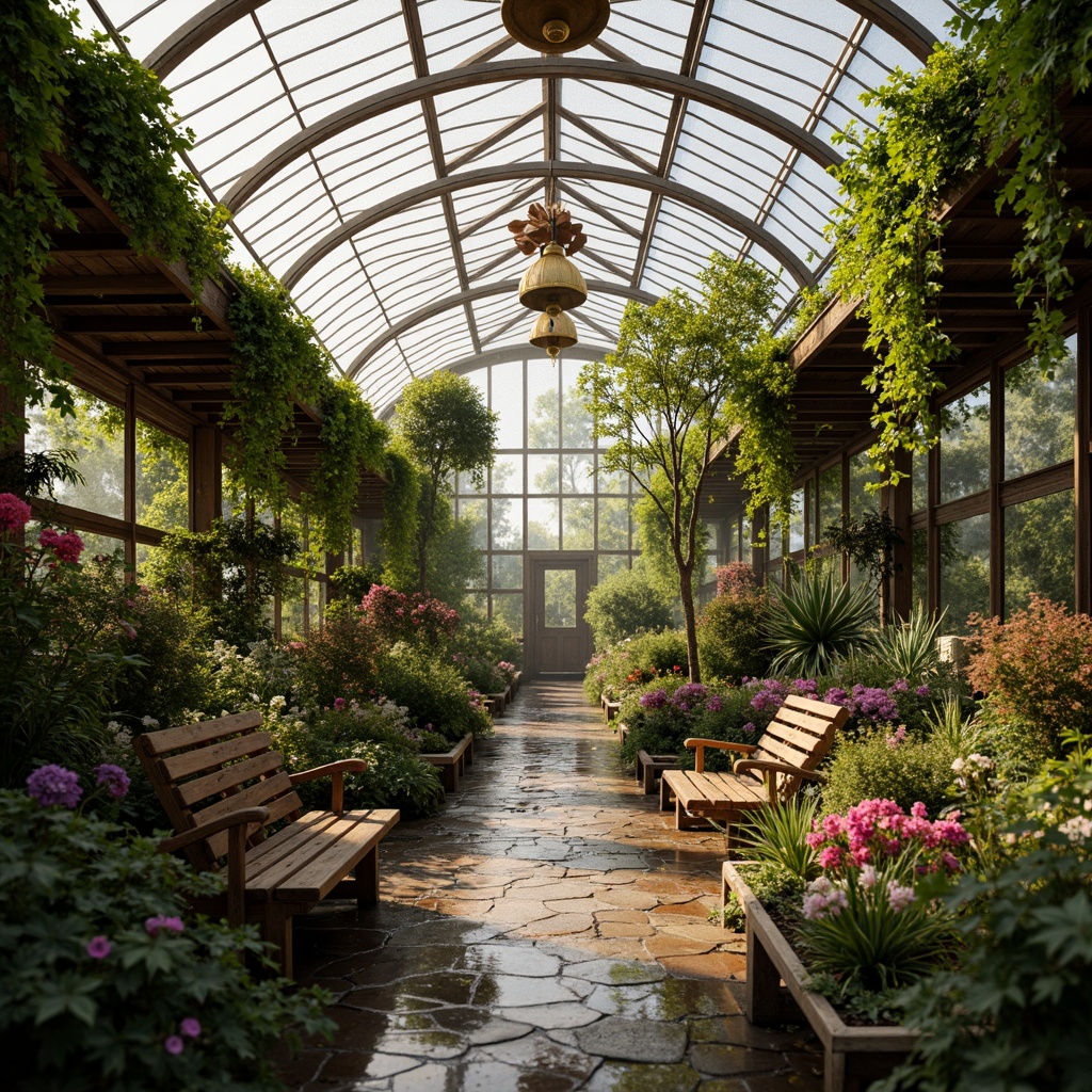 Prompt: Lush greenhouse interior, romantic ambiance, soft natural light, misty atmosphere, exotic plants, vibrant flowers, delicate vines, rustic wooden benches, ornate metal trellises, curved glass roofs, intricate stone pathways, serene water features, gentle fountain sounds, warm earthy tones, lush greenery, whimsical garden ornaments, distressed wood accents, vintage gardening tools, soft focus, shallow depth of field, 1/1 composition, warm golden lighting.