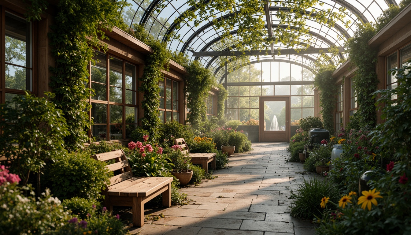 Prompt: Lush greenhouse interior, romantic ambiance, soft natural light, misty atmosphere, exotic plants, vibrant flowers, delicate vines, rustic wooden benches, ornate metal trellises, curved glass roofs, intricate stone pathways, serene water features, gentle fountain sounds, warm earthy tones, lush greenery, whimsical garden ornaments, distressed wood accents, vintage gardening tools, soft focus, shallow depth of field, 1/1 composition, warm golden lighting.