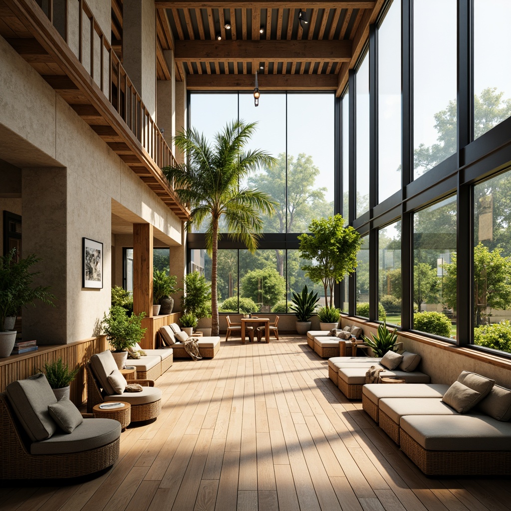 Prompt: Brightly lit interior, large windows, glass ceilings, natural stone walls, wooden floors, minimal decor, greenery, potted plants, soft warm lighting, indirect sunlight, morning ambiance, cozy atmosphere, comfortable seating, reading nooks, relaxation areas, calming colors, earthy tones, organic textures, 1/1 composition, shallow depth of field, realistic rendering.