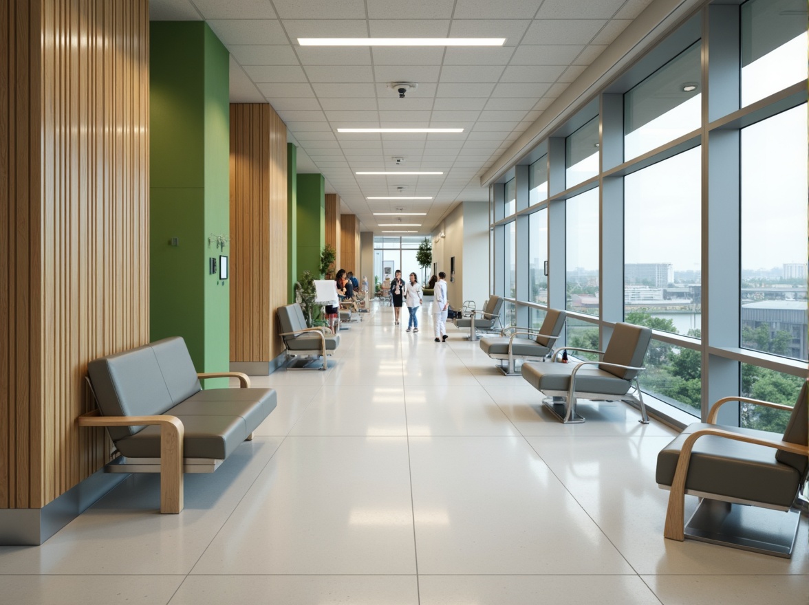 Prompt: Sleek hospital corridors, polished chrome handrails, minimalist nurse stations, curved waiting area benches, natural wood accents, calming green walls, large windows with city views, modern LED lighting, spacious patient rooms, adjustable hospital beds, ergonomic medical equipment, sterile white surfaces, rounded corner designs, acoustic ceiling panels, soft warm flooring, 1/1 composition, shallow depth of field, realistic textures, ambient occlusion.