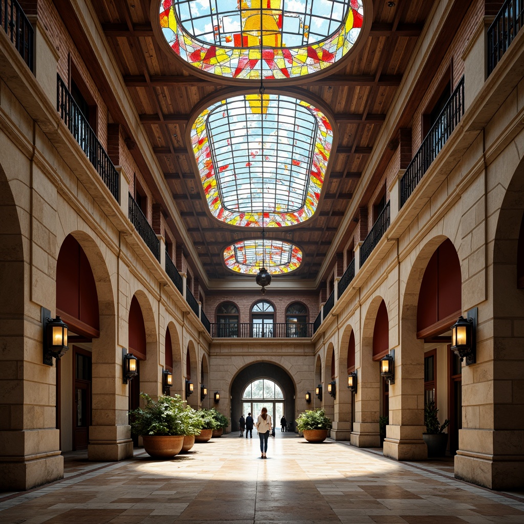 Prompt: Grand courthouse entrance, ornate columns, rusticated stone walls, polished marble floors, rich wood paneling, intricate metalwork, vibrant stained glass ceilings, dramatic atrium spaces, sweeping curved lines, eclectic mix of materials, bold color schemes, playful use of textures, contextual references to historical styles, juxtaposition of modern and traditional elements, warm natural lighting, subtle shadows, 1/1 composition, symmetrical framing, realistic renderings, ambient occlusion.