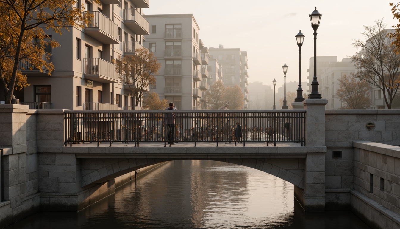 Prompt: Elegant bridge balustrades, ornate metal railings, curved stone arches, refined urban landscape, serene water reflections, misty morning atmosphere, soft warm lighting, shallow depth of field, 1/2 composition, symmetrical view, realistic textures, ambient occlusion, intricate stonework, subtle color palette, luxurious materials, sophisticated architectural details.