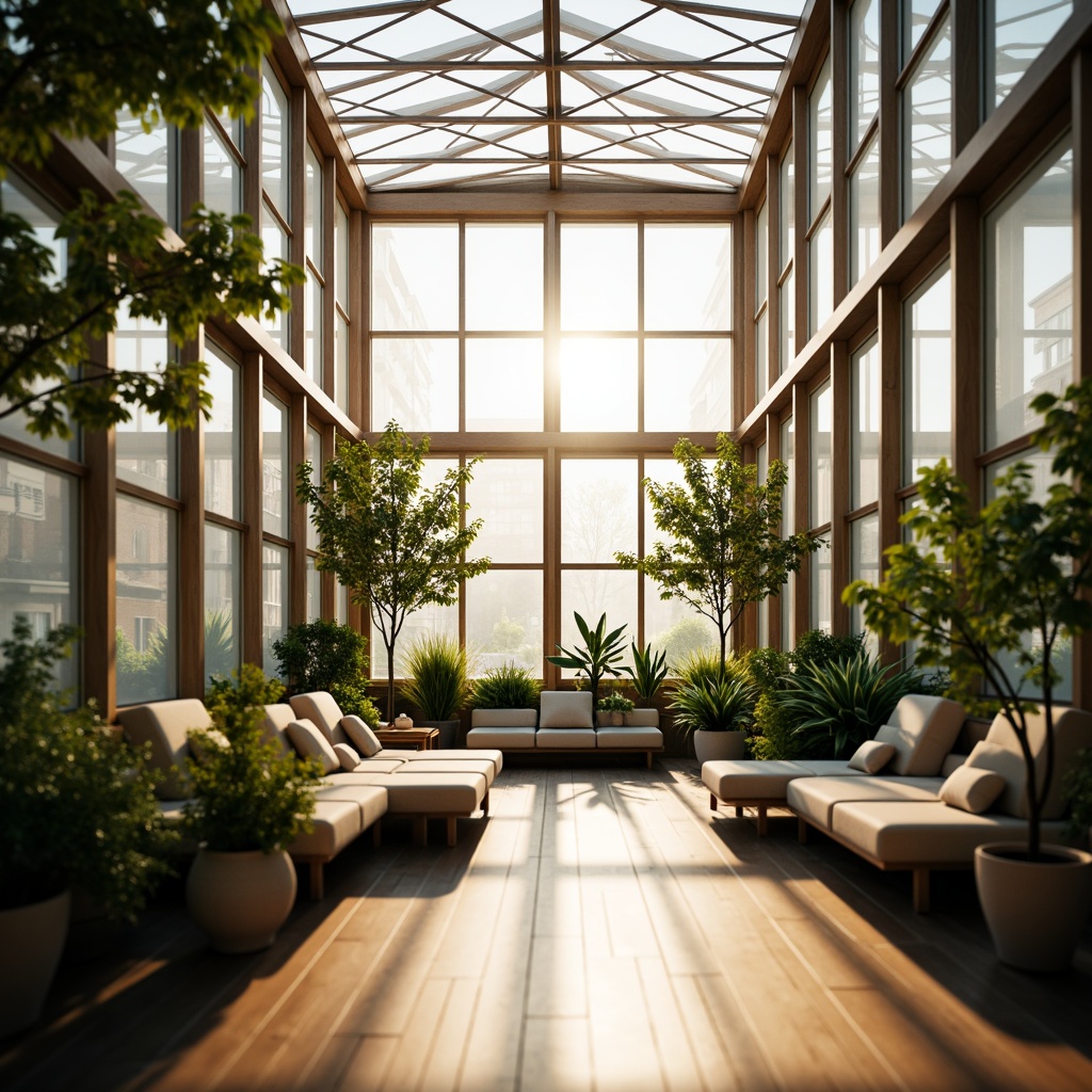 Prompt: Brightly lit interior, large windows, glass ceilings, natural light pouring in, warm sunbeams, soft shadows, cozy atmosphere, comfortable seating areas, lush greenery, potted plants, wooden floors, minimalist decor, calm ambiance, relaxing mood, gentle color palette, soft focus, shallow depth of field, 1/1 composition, realistic textures, ambient occlusion.