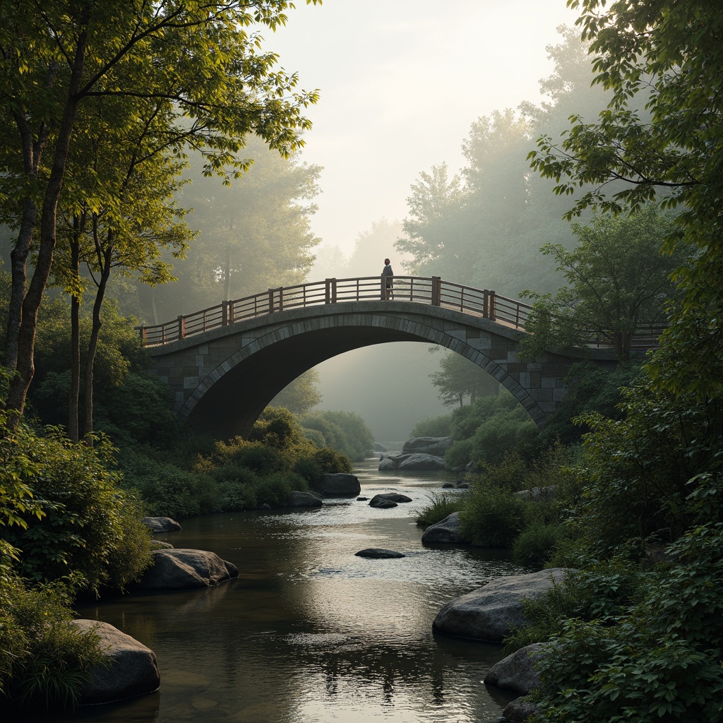 Prompt: Curved bridge silhouette, harmonious riverbank integration, lush green vegetation, natural stone foundations, wooden railings, gentle water flow, serene forest surroundings, misty morning atmosphere, soft warm lighting, shallow depth of field, 3/4 composition, panoramic view, realistic textures, ambient occlusion.