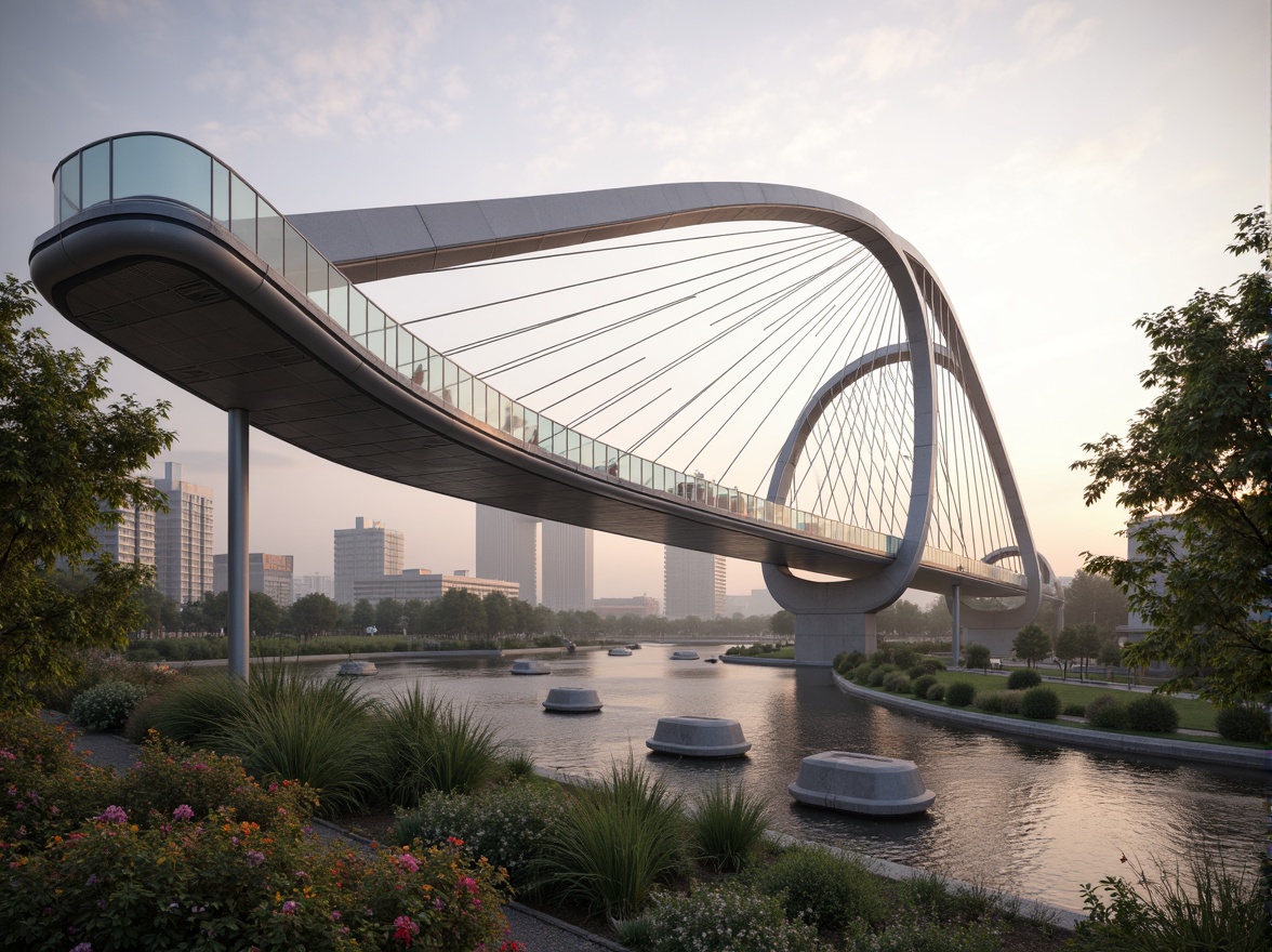 Prompt: Curved bridge silhouette, sweeping arches, dynamic steel cables, suspended pedestrian walkways, cantilevered observation decks, futuristic LED lighting, iridescent glass railings, undulating water features, lush greenery, vibrant flowers, natural stone piers, modern urban landscape, misty morning atmosphere, soft warm lighting, shallow depth of field, 3/4 composition, panoramic view, realistic textures, ambient occlusion.