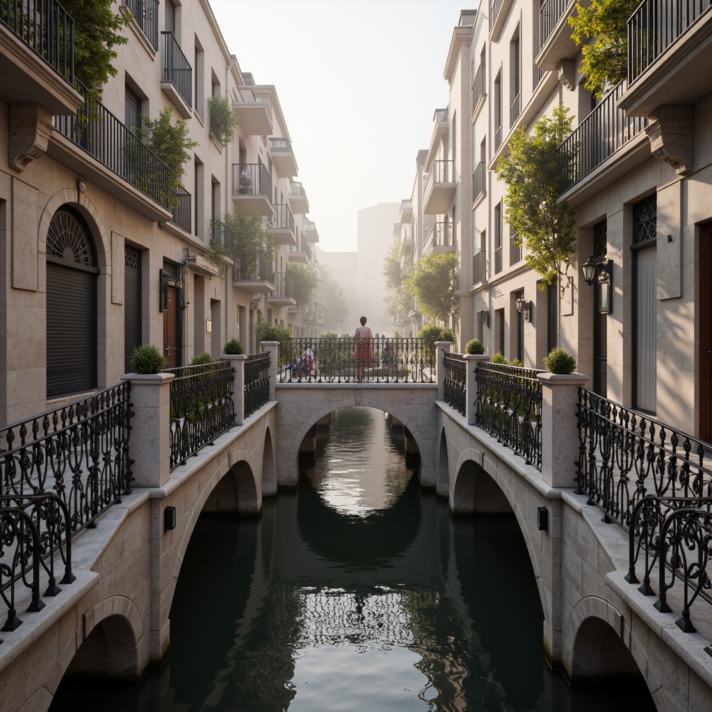 Prompt: Elegant bridge balustrades, ornate metal railings, curved stone arches, refined urban landscape, serene water reflections, misty morning atmosphere, soft warm lighting, shallow depth of field, 1/2 composition, symmetrical view, realistic textures, ambient occlusion, intricate stonework, subtle color palette, luxurious materials, sophisticated architectural details.