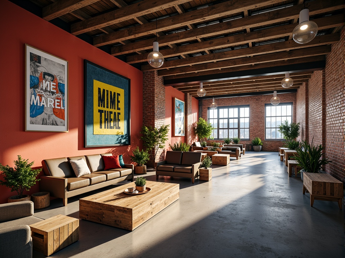 Prompt: Industrial warehouse interior, exposed brick walls, metal beams, polished concrete floors, vibrant color accents, bold typography, eclectic art pieces, reclaimed wood furniture, modern lighting fixtures, urban loft atmosphere, natural light pouring in, soft warm glow, shallow depth of field, 1/1 composition, realistic textures, ambient occlusion.