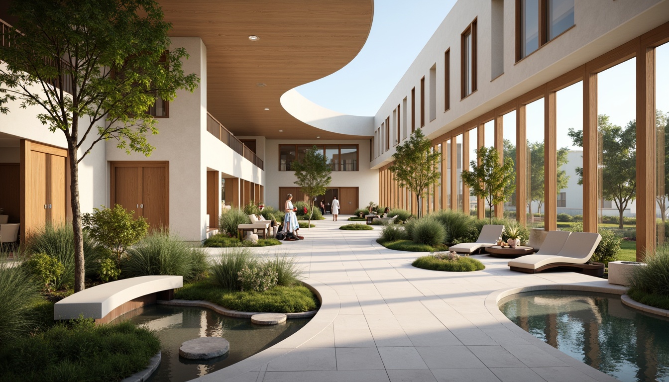 Prompt: Calming healthcare facility, soothing color palette, natural wood accents, comfortable seating areas, gentle curves, abundant greenery, peaceful water features, warm lighting, acoustic comfort, minimal noise levels, ergonomic furniture, accessible pathways, calming artwork, serene ambiance, shallow depth of field, 1/1 composition, realistic textures, ambient occlusion.