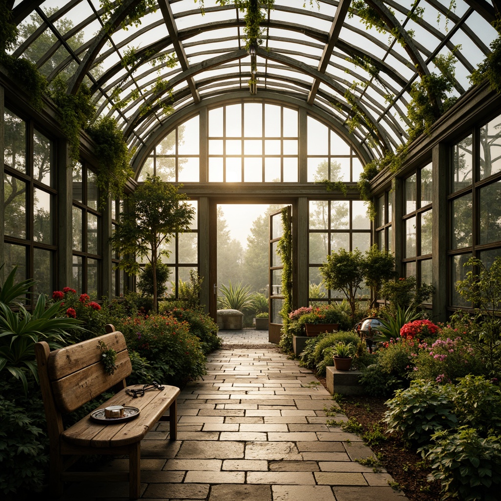 Prompt: Lush greenhouse interior, romantic ambiance, soft natural light, misty atmosphere, exotic plants, vibrant flowers, delicate vines, rustic wooden benches, ornate metal trellises, curved glass roofs, intricate stone pathways, serene water features, gentle fountain sounds, warm earthy tones, lush greenery, whimsical garden ornaments, distressed wood accents, vintage gardening tools, soft focus, shallow depth of field, 1/1 composition, warm golden lighting.