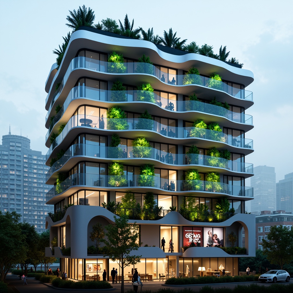 Prompt: Futuristic apartment building, sleek metallic facade, neon-lit balconies, holographic advertisements, vertical green walls, LED strip lighting, angular lines, minimalist design, reflective glass surfaces, cantilevered structures, rooftop gardens, urban skyline views, misty morning atmosphere, soft warm glow, shallow depth of field, 1/1 composition, panoramic view, realistic textures, ambient occlusion.