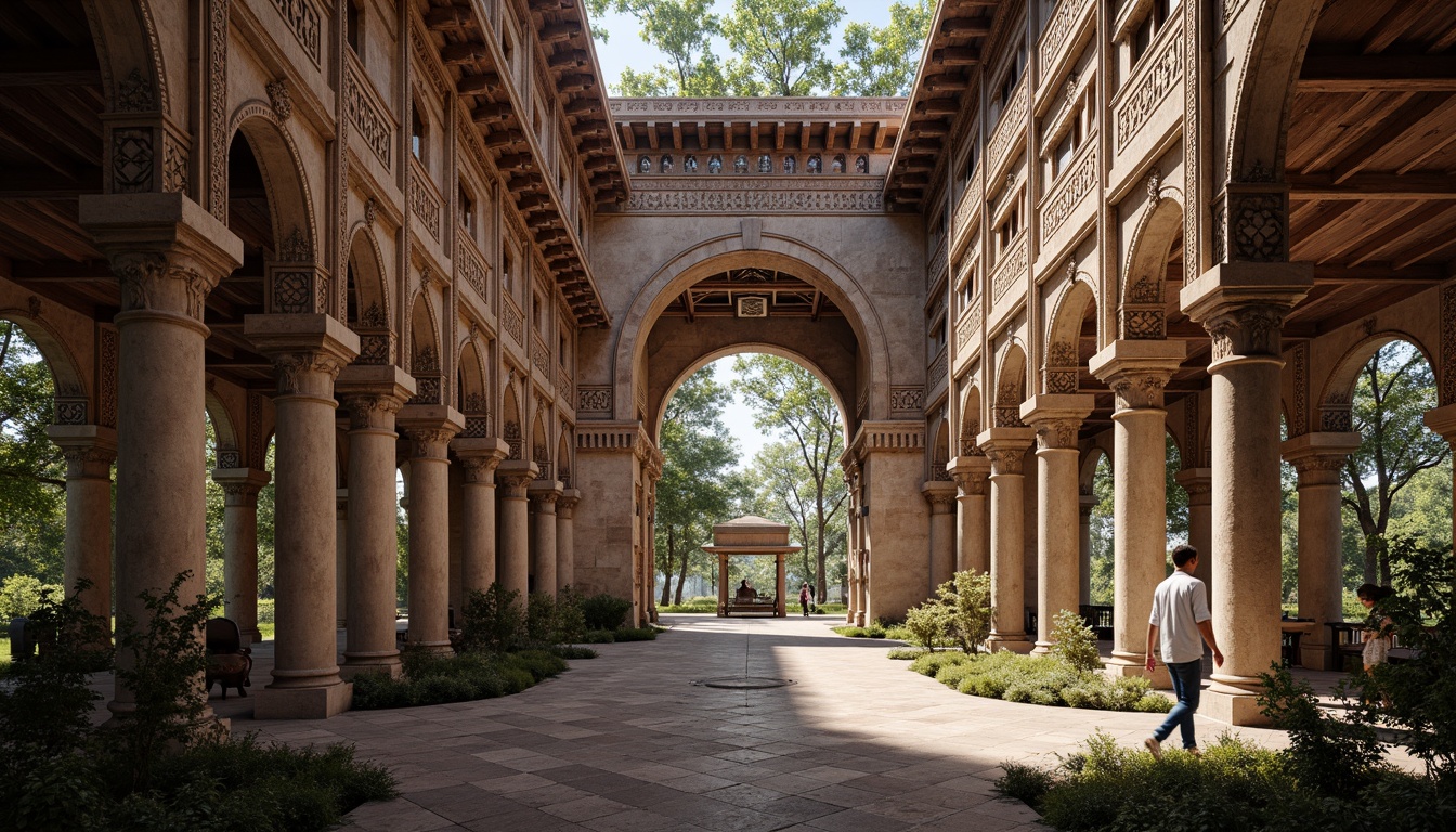 Prompt: Ancient monument, intricate stone carvings, ornate sculptures, grandiose arches, majestic columns, vibrant cultural patterns, historic significance, innovative structural systems, cantilevered roofs, sweeping curves, futuristic materials, sustainable restoration, ambient lighting, dramatic shadows, 1/1 composition, low-angle shot, cinematic atmosphere, realistic textures, advanced 3D modeling.