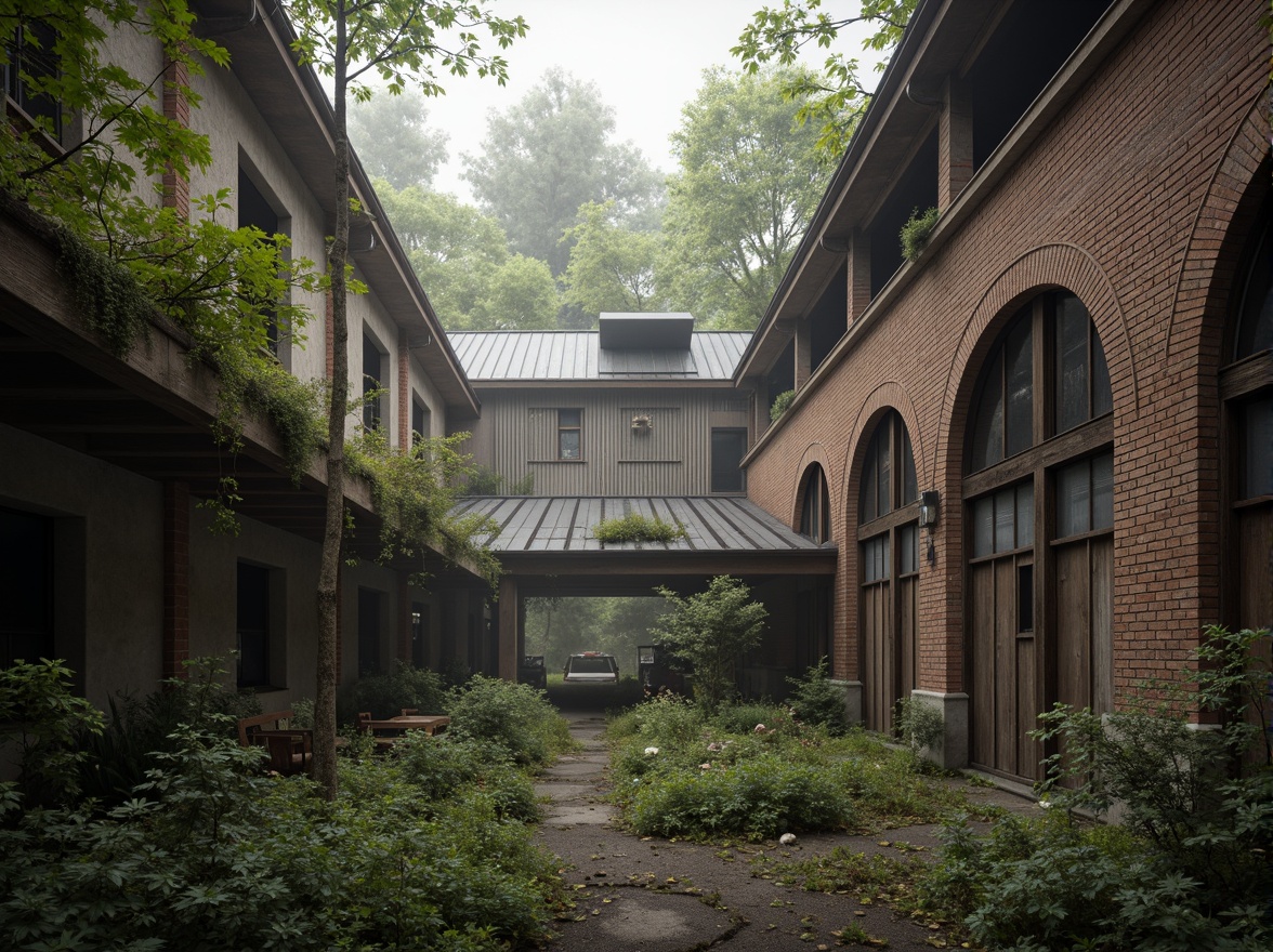 Prompt: Rustic industrial landscape, abandoned factories, overgrown vegetation, distressed brick walls, corrugated metal roofs, worn wooden beams, exposed ductwork, organic curves, natural stone foundations, reclaimed wood accents, earthy color palette, soft diffused lighting, atmospheric fog, shallow depth of field, 1/1 composition, cinematic view, realistic textures, ambient occlusion.