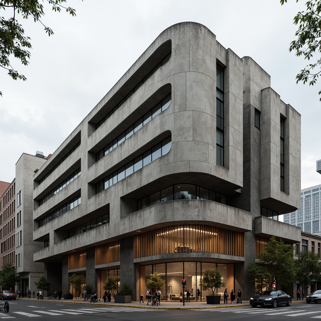 Prompt: Rugged brutalist building, raw concrete textures, exposed ductwork, industrial materials, steel beams, wooden accents, natural stone walls, fortress-like structure, dramatic cantilevered roofs, bold geometric forms, minimalist ornamentation, functional simplicity, urban cityscape, overcast sky, high-contrast lighting, deep shadows, 1/1 composition, symmetrical framing, gritty realistic textures, ambient occlusion.