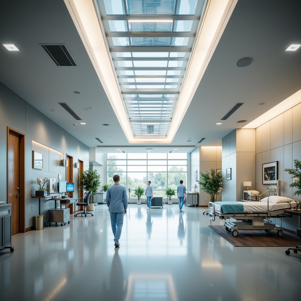 Prompt: Modern hospital interior, sleek lines, minimalist decor, soft warm lighting, indirect illumination, LED light strips, recessed ceiling lights, natural daylight, clerestory windows, open floor plan, nurse stations, patient rooms, operating theaters, medical equipment, stainless steel surfaces, polished floors, calming color scheme, pastel shades, gentle ambiance, subtle shadows, 1/1 composition, shallow depth of field, realistic textures, ambient occlusion.