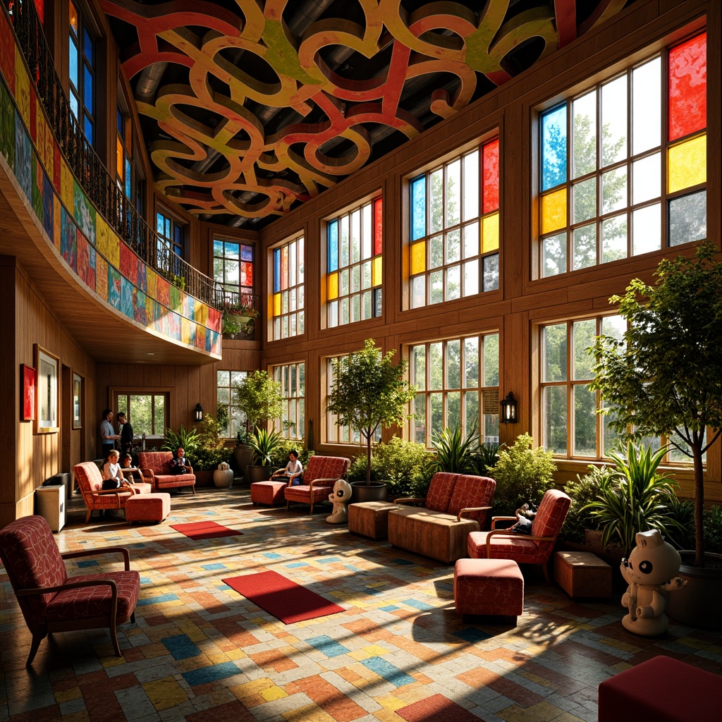 Prompt: Vibrant student hall, expressionist architecture, colored glass fa\u00e7ade, irregular shapes, abstract patterns, bold color palette, dynamic lighting effects, stained glass windows, ornate metal frames, intricate mosaics, eclectic furniture, playful textiles, whimsical sculptures, lively atmosphere, warm golden lighting, shallow depth of field, 1/1 composition, close-up shot, realistic reflections, ambient occlusion.