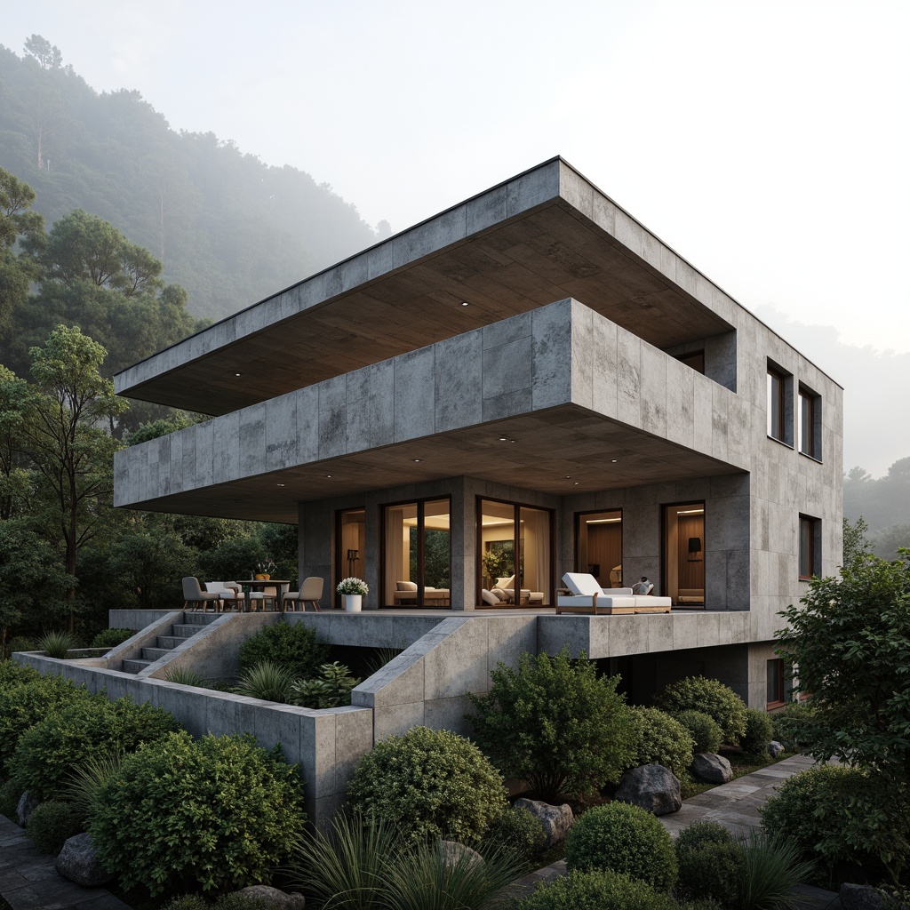 Prompt: Rugged villa exterior, brutalist architecture style, raw concrete walls, angular lines, fortress-like structure, cantilevered rooflines, minimalist ornamentation, industrial metal accents, dark-toned wood trim, floor-to-ceiling windows, sliding glass doors, lush greenery surroundings, overgrown vegetation, misty morning atmosphere, soft warm lighting, shallow depth of field, 2/3 composition, realistic textures, ambient occlusion.