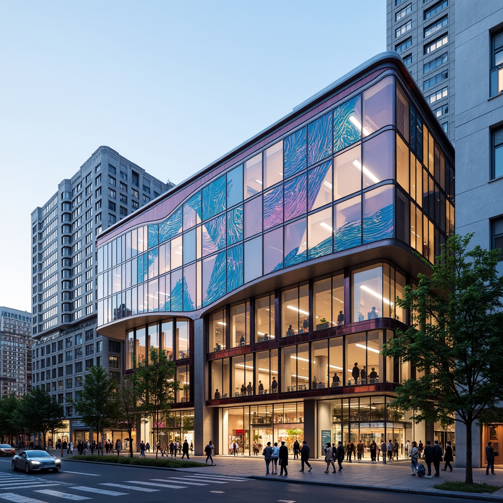 Prompt: Vibrant institute facade, fusion architecture style, dynamic curves, angular lines, metallic materials, LED lighting systems, transparent glass walls, cantilevered structures, futuristic aesthetic, urban cityscape, bustling streets, morning sunlight, soft shadows, 1/2 composition, wide-angle lens, high-contrast rendering, detailed textures, ambient occlusion.