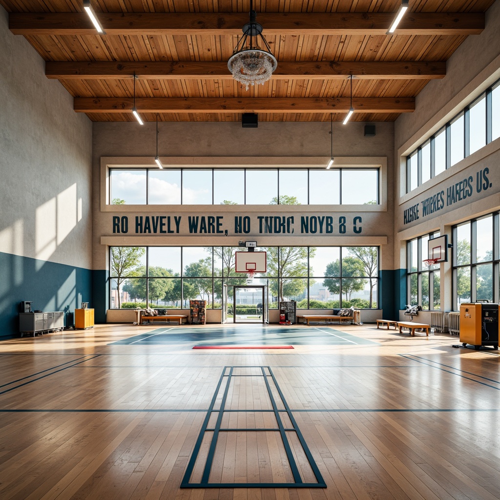 Prompt: Spacious gymnasium interior, high ceilings, large windows, natural light, wooden flooring, athletic equipment, basketball hoops, tennis courts, exercise machines, mirrored walls, motivational quotes, modern minimalist design, bright color accents, ambient lighting, shallow depth of field, 1/1 composition, realistic textures, panoramic view.