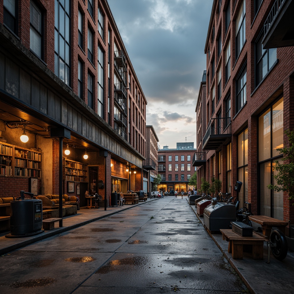 Prompt: Rustic industrial warehouse, exposed brick walls, metal beams, reclaimed wood accents, distressed concrete floors, vintage machinery, urban cityscape, cloudy grey skies, warm golden lighting, shallow depth of field, 2/3 composition, realistic textures, ambient occlusion, muted earthy tones, rich blues, deep reds, metallic silvers, worn copper hues.