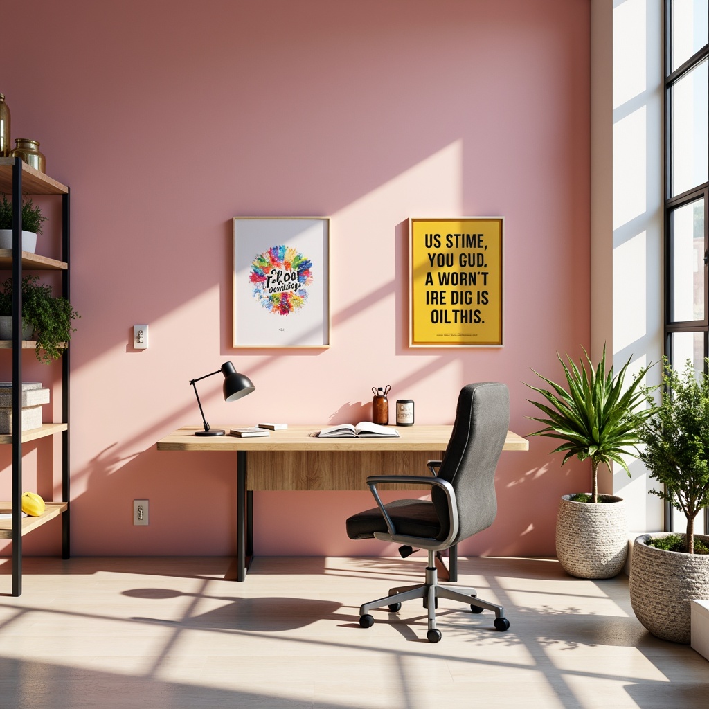 Prompt: Vibrant modern design studio, sleek minimalist desk, ergonomic chair, inspirational quotes, colorful artwork, natural wood accents, bold typography, pastel pink walls, creamy white floors, industrial metal shelves, geometric patterns, softbox lighting, warm atmospheric glow, 1/1 composition, realistic textures, ambient occlusion.