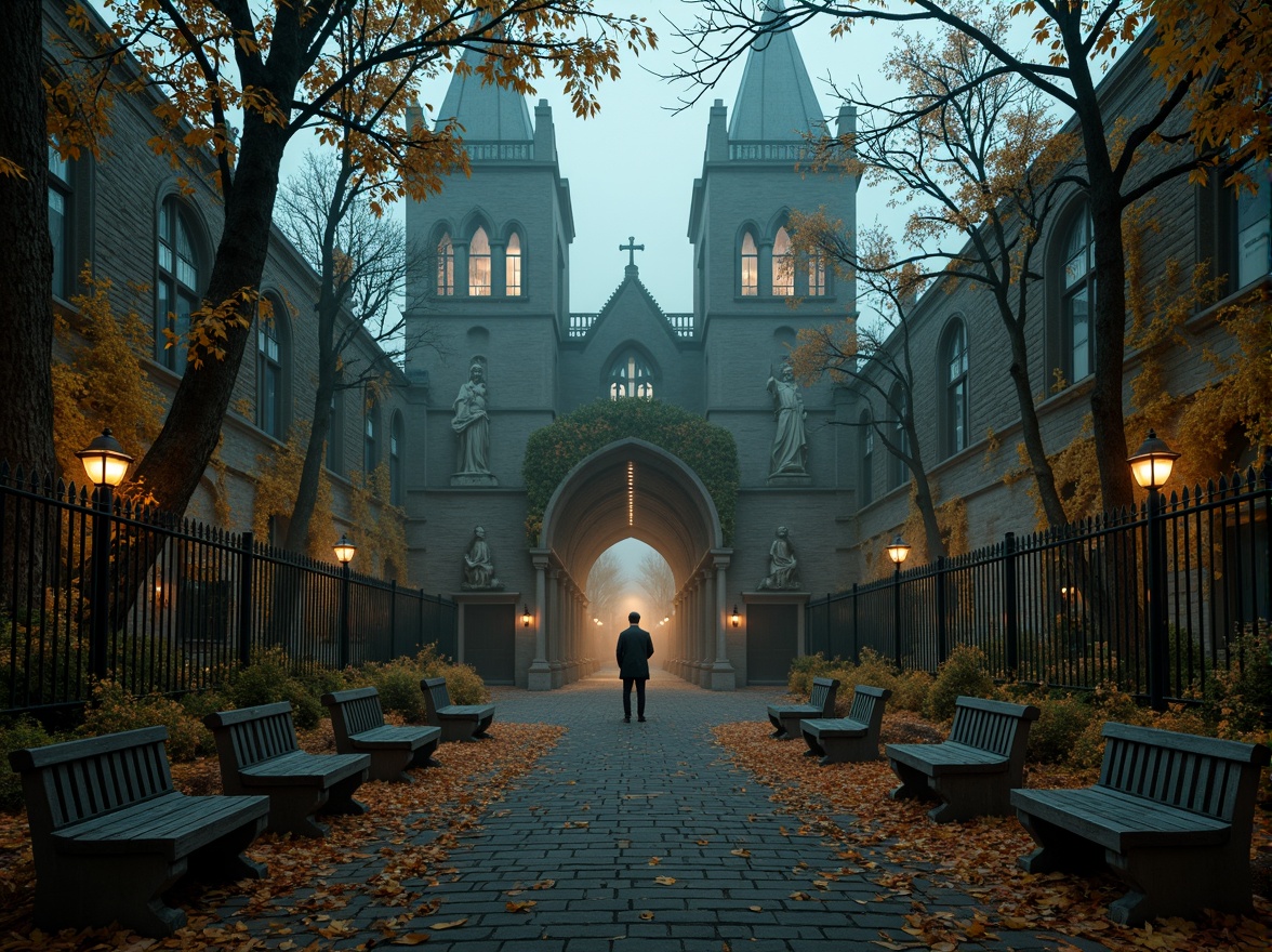 Prompt: Mysterious Gothic cathedral, overgrown ivy, twisted vines, crumbling stone walls, moss-covered statues, eerie fog, misty atmosphere, dim warm lighting, ancient trees, gnarled branches, weathered benches, ornate iron fences, mystical lanterns, cobblestone pathways, vibrant autumn foliage, golden hour, shallow depth of field, 1/2 composition, symmetrical framing, dramatic shadows, ambient occlusion.