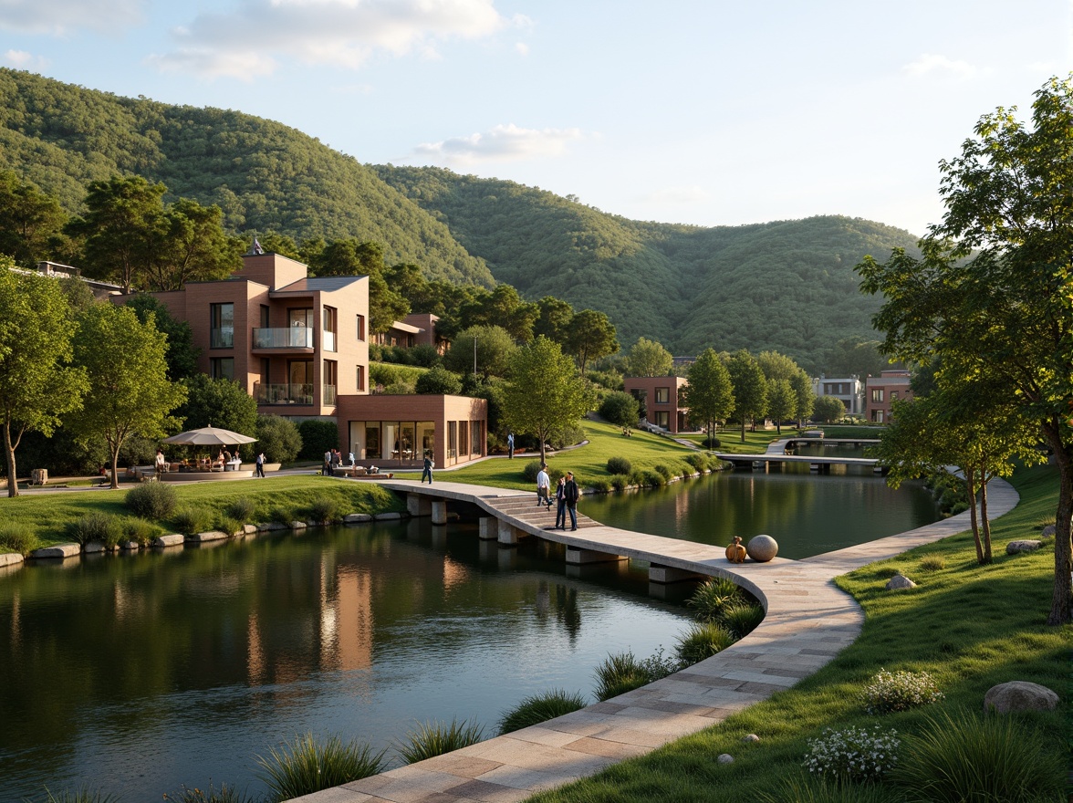 Prompt: Harmonious landscape integration, rolling hills, lush greenery, serene lakeside, wooden docks, natural stone pathways, blended architecture, curved lines, earthy tones, organic forms, sustainable design, eco-friendly materials, living roofs, verdant walls, minimalist decoration, warm ambient lighting, soft shadows, 1/1 composition, realistic textures, atmospheric perspective.