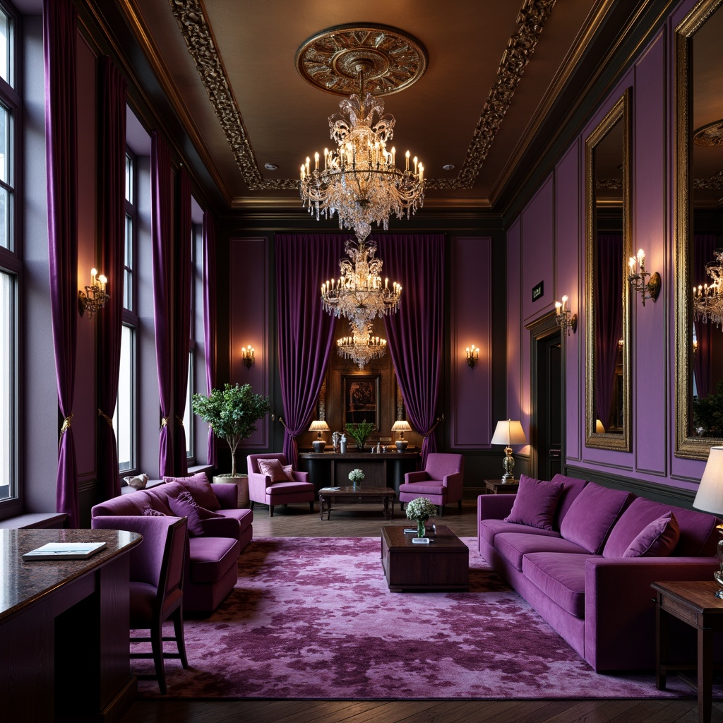 Prompt: Luxurious amethyst accents, rich purple hues, lavish jewel-toned walls, ornate gold fixtures, opulent velvet drapes, regal crown molding, majestic crystal chandeliers, sophisticated lavender undertones, dramatic dark wood floors, exquisite marble countertops, elegant curved lines, refined Art Deco patterns, luxurious silk upholstery, sumptuous plum-colored furniture, warm bronze lighting, intimate ambient atmosphere, low-key dramatic shadows, 1/2 composition, moody warm lighting.