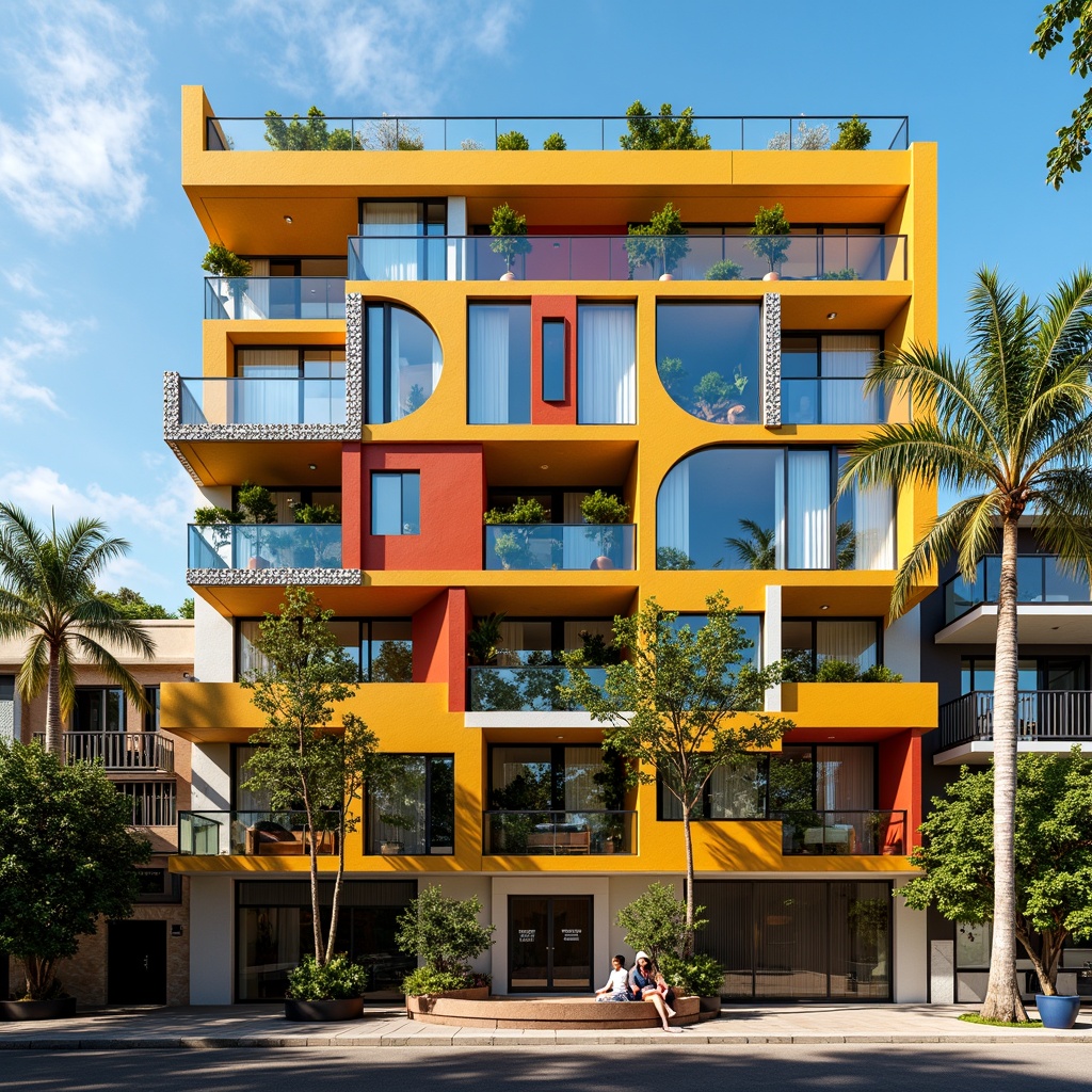 Prompt: Vibrant hotel facade, irregular shapes, bold color blocking, playful ornate details, asymmetrical composition, fragmented forms, eclectic mix of materials, reflective glass surfaces, metallic accents, abstract patterns, whimsical decorative elements, tropical plants, lush greenery, warm sunny day, soft natural lighting, shallow depth of field, 1/1 composition, realistic textures, ambient occlusion.