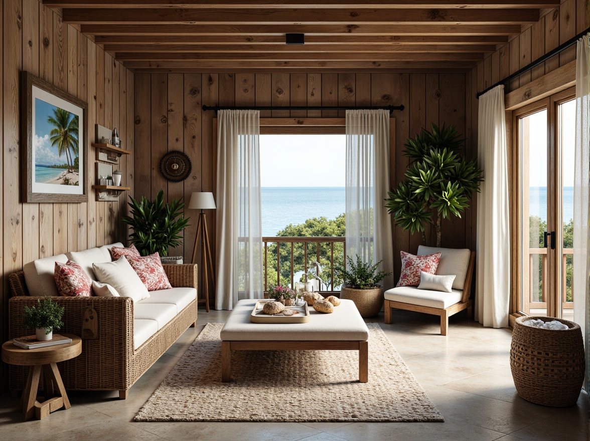 Prompt: Weathered wood accents, ocean-inspired color palette, driftwood furniture, coral-patterned textiles, nautical-themed decor, beachy vibe, natural stone flooring, coastal vegetation, sea salt air, soft warm lighting, shallow depth of field, 3/4 composition, panoramic view, realistic textures, ambient occlusion.