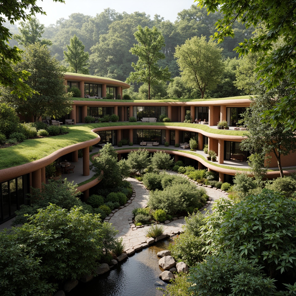 Prompt: Curved organic buildings, lush green roofs, living walls, natural stone foundations, earthy color palette, blending with surroundings, seamless landscape integration, winding pathways, native plant species, meandering water features, serene forest atmosphere, dappled shade, warm soft lighting, shallow depth of field, 1/1 composition, intimate scale, harmonious coexistence, sustainable design principles, eco-friendly materials, minimal environmental impact.