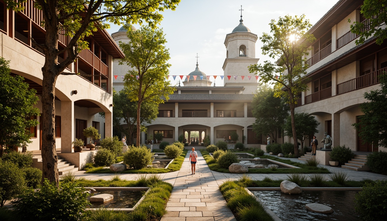 Prompt: Serenene monastery courtyard, lush greenery, tranquil water features, spiritual statues, prayer flags, natural stone walkways, curved arches, bell towers, fusion of Eastern and Western architectural styles, vibrant cultural patterns, intricate carvings, warm golden lighting, shallow depth of field, 1/2 composition, panoramic view, realistic textures, ambient occlusion, misty morning atmosphere, soft warm sunlight.