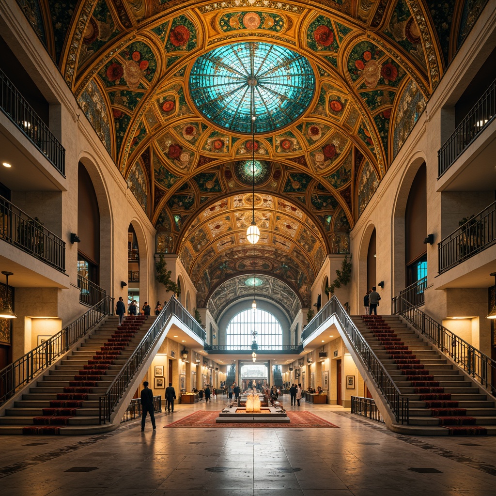 Prompt: Grandiose Byzantine-style transportation hub, ornate golden domes, intricate mosaics, vibrant turquoise accents, grand archways, imposing stone columns, richly patterned textiles, luxurious marble floors, majestic staircases, ornamental metalwork, stunning stained glass ceilings, dramatic uplighting, warm ambient glow, shallow depth of field, 2/3 composition, symmetrical framing, highly detailed textures, realistic reflections.