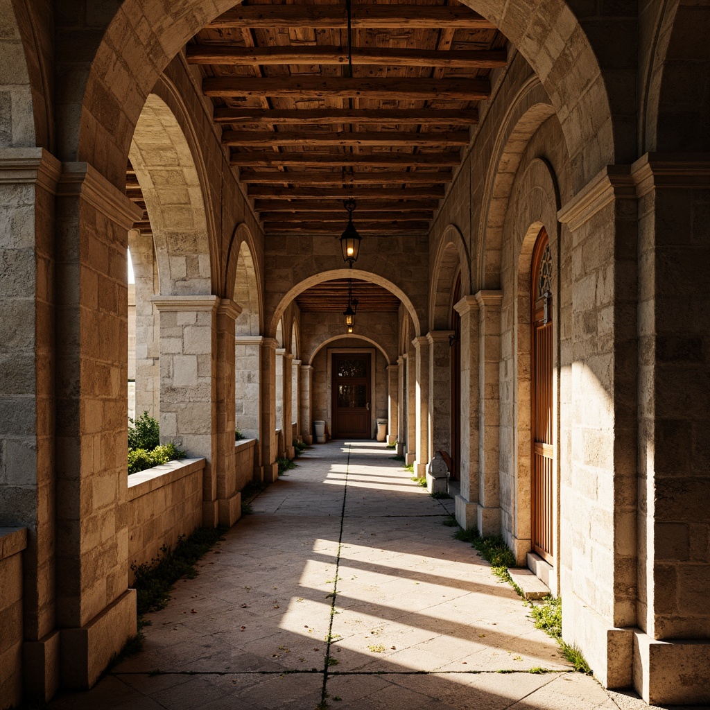 Prompt: Ancient Romanesque arches, ornate carvings, rustic stone walls, grand entranceways, symmetrical compositions, dramatic lighting effects, warm earthy tones, natural textures, intricate moldings, classical architectural styles, historic landmarks, serene atmospheric ambiance, soft diffused light, 1/1 composition, realistic renderings, ambient occlusion.