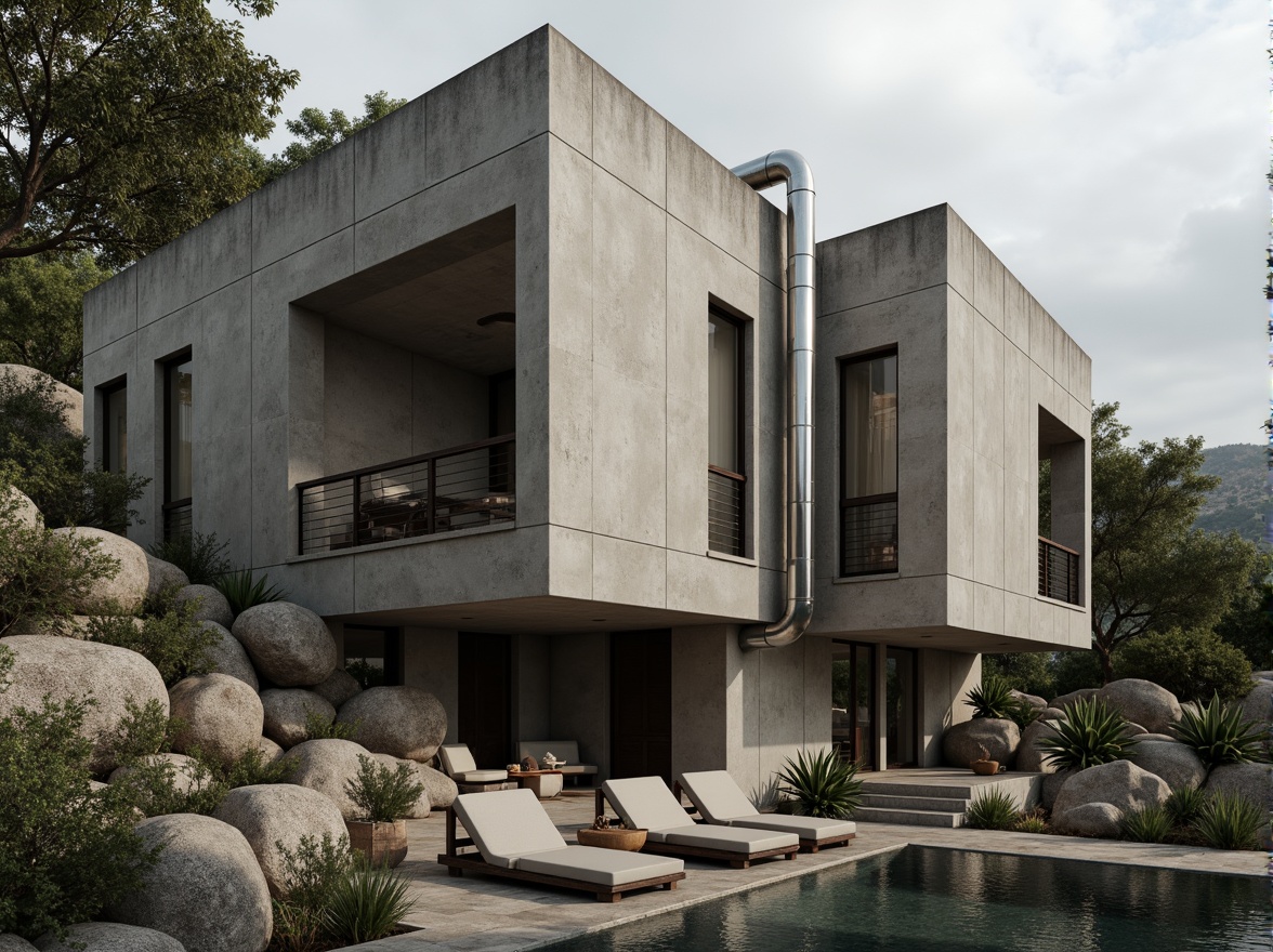 Prompt: Rugged villa, brutalist architecture, raw concrete walls, exposed ductwork, industrial pipes, steel beams, minimalist decor, monolithic forms, fortress-like structure, angular lines, brutalist columns, chunky stone foundation, rough-hewn wooden accents, earthy color palette, natural textures, overcast skies, dramatic shadows, high contrast lighting, cinematic composition, atmospheric fog effect.