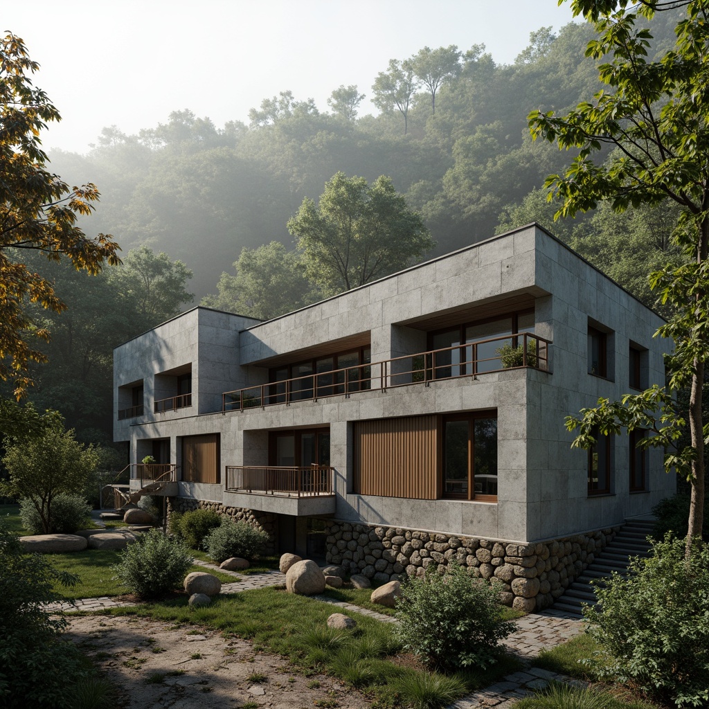 Prompt: Rugged villa exterior, brutalist architecture, raw concrete walls, rough-hewn stone foundations, weathered wood accents, corrugated metal cladding, industrial-style windows, minimalist ornamentation, lush greenery surroundings, dense forest landscape, misty morning atmosphere, warm natural light, shallow depth of field, 3/4 composition, realistic textures, ambient occlusion.