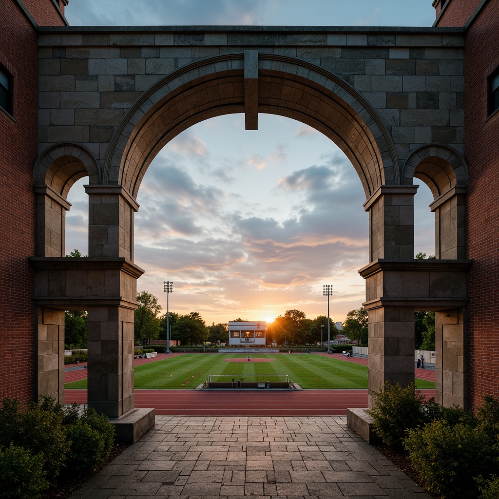 Prompt: Rustic sports field, Romanesque architectural elements, arched entrance gates, ornate stone columns, curved grandstands, weathered brick facades, verdant green turf, vibrant athletic tracks, modern stadium lighting, dramatic sunset, soft warm glow, shallow depth of field, 3/4 composition, panoramic view, realistic textures, ambient occlusion.