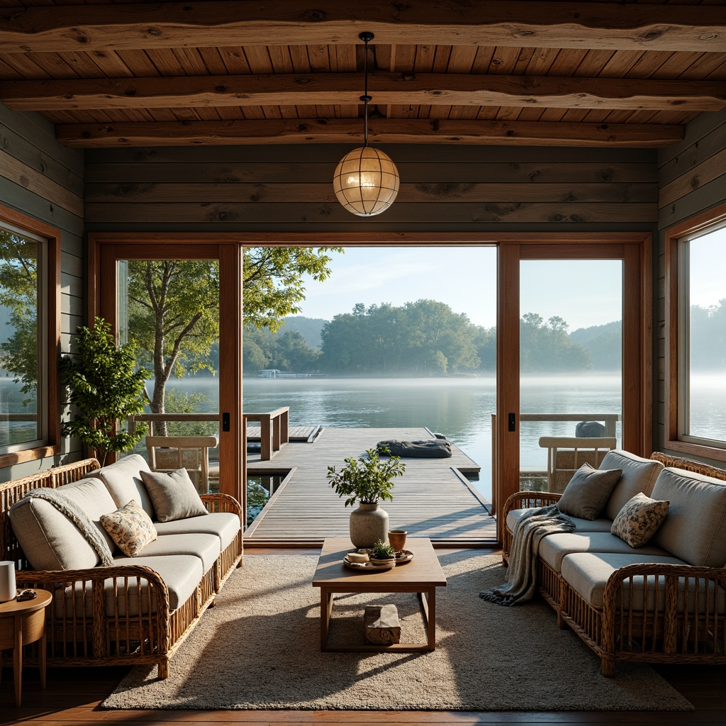 Prompt: Cozy boathouse, rustic wooden docks, serene lake views, vintage nautical decor, plush throw blankets, distressed wood accents, soft warm lighting, comfortable sectional sofas, woven wicker furniture, natural fiber rugs, earthy color palette, organic textures, free-flowing floor plans, functional storage solutions, cleverly hidden kitchenettes, sliding glass doors, panoramic waterfront views, atmospheric misty mornings, gentle lapping water sounds, expressionist brushstroke patterns, vibrant turquoise hues.