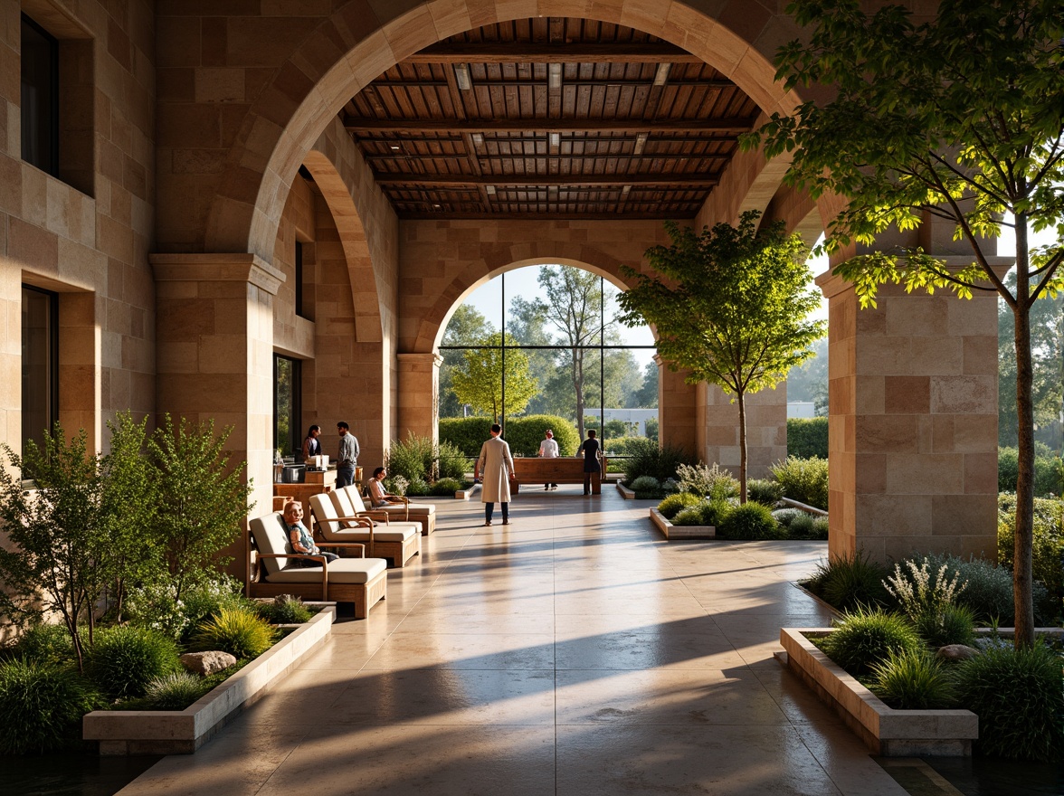 Prompt: Rustic visitor center, earthy tones, natural stone walls, wooden beam ceilings, ornate metalwork, grand archways, vibrant greenery, lush foliage, serene water features, soft warm lighting, shallow depth of field, 3/4 composition, panoramic view, realistic textures, ambient occlusion.