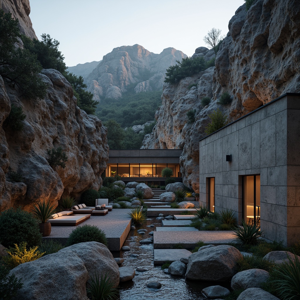 Prompt: Rugged natural terrain, rocky outcrops, weathered stone walls, brutalist villa architecture, angular concrete forms, raw industrial materials, sparse native vegetation, drought-tolerant plants, gravel pathways, stepping stones, meandering stream, minimalist water features, subtle outdoor lighting, warm ambient glow, dramatic shadows, 1/2 composition, low-angle shot, cinematic mood, high-contrast textures, atmospheric mist.