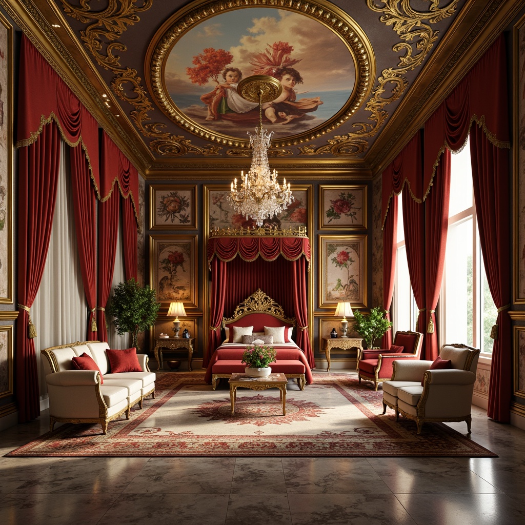 Prompt: Luxurious living room, ornate gold accents, rich velvet fabrics, intricately carved wooden furniture, grandiose crystal chandeliers, opulent marble floors, lavish drapery, regal throne-like chairs, majestic four-poster beds, intricate fresco ceilings, warm golden lighting, soft focus blur, 1/1 composition, symmetrical balance, realistic textures, ambient occlusion.