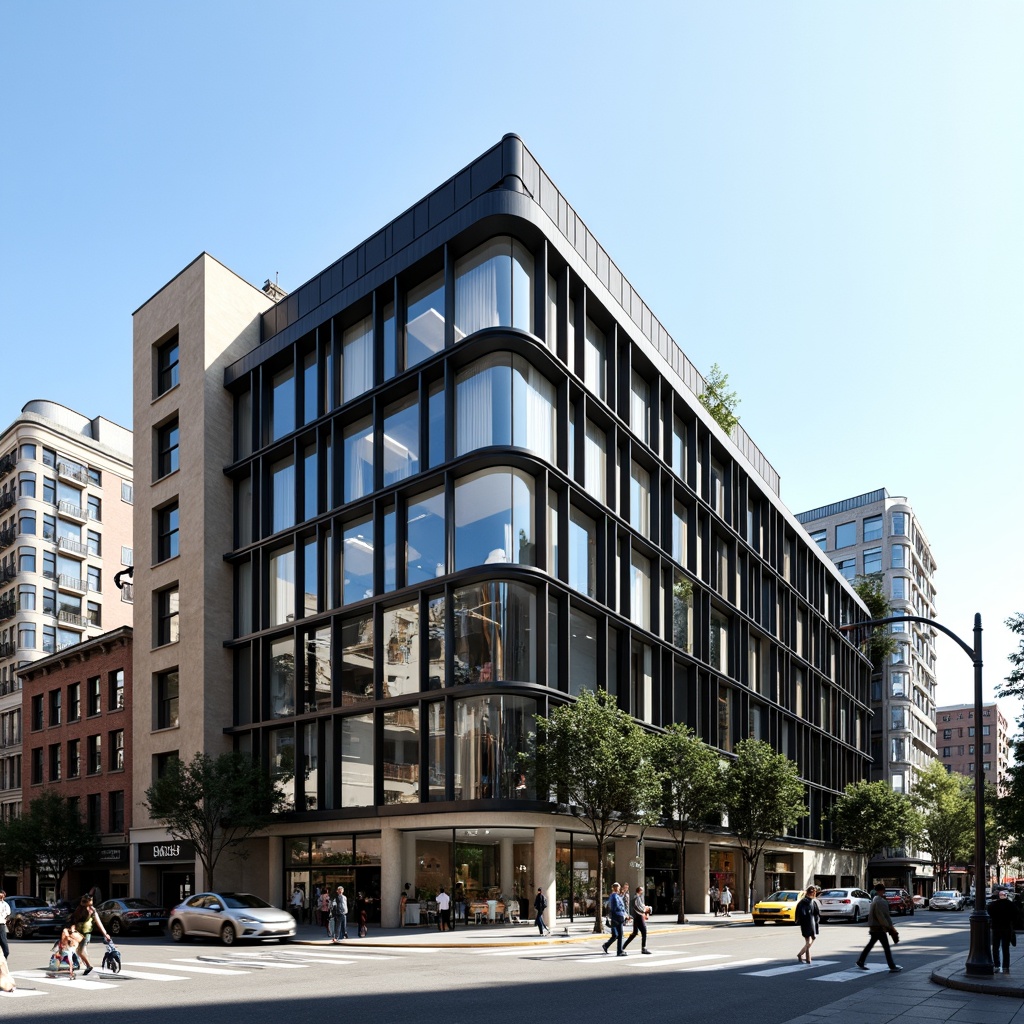 Prompt: Rectangular office building, flat roof, industrial materials, exposed ductwork, metal frames, grid-like facade, geometric patterns, monochromatic color scheme, functional simplicity, clean lines, minimal ornamentation, large windows, glass doors, urban cityscape, busy streets, modern transportation, sunny day, high-contrast lighting, deep depth of field, 1/1 composition, symmetrical view, detailed textures, ambient occlusion.