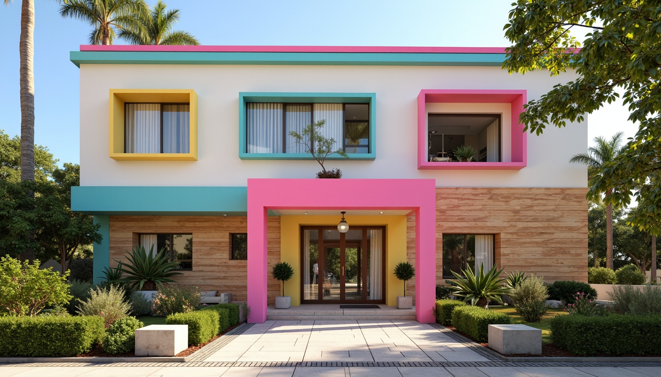 Prompt: Vibrant clinic exterior, eclectic architecture, bold color blocking, pastel pink accents, turquoise trim, creamy white walls, rich wood tones, metallic silver details, geometric patterned tiles, natural stone flooring, lush greenery, modern signage, warm inviting lighting, shallow depth of field, 1/1 composition, realistic textures, ambient occlusion.