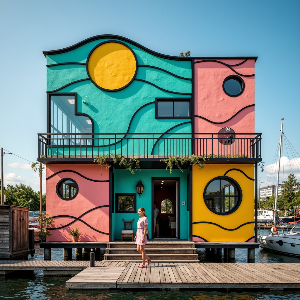 Prompt: Whimsical boathouse, expressionist facade, undulating waves, irregular shapes, vibrant turquoise, coral pink, sunny yellow, bold black outlines, nautical ropes, porthole windows, wooden docks, rustic textures, distressed finishes, artistic murals, eclectic decorations, playful asymmetry, dynamic lighting effects, high contrast shading, dramatic shadows, 1/2 composition, wide-angle lens, cinematic atmosphere.