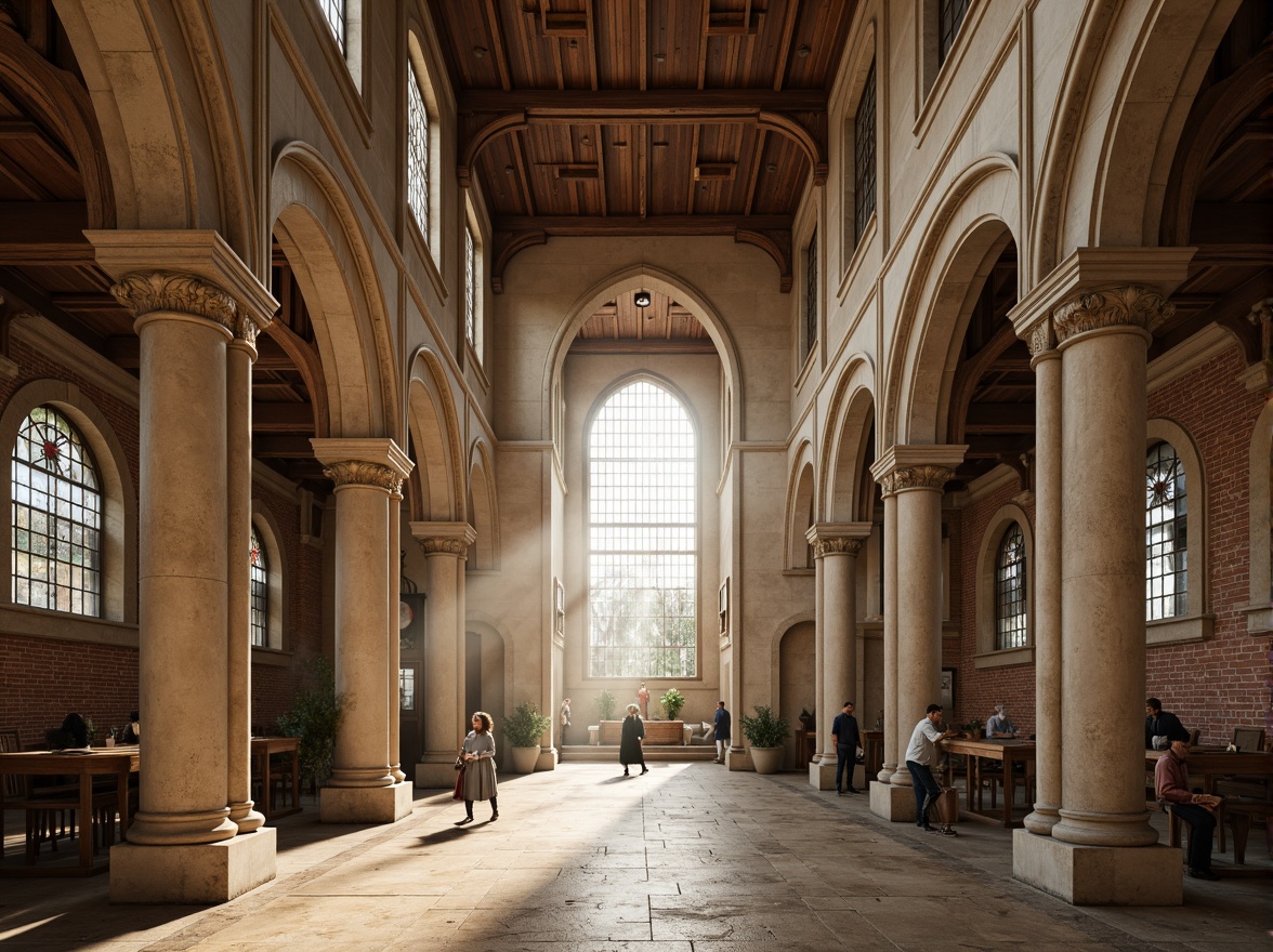 Prompt: Intricate stone carvings, ornate wooden panels, grand cathedral architecture, vaulted ceilings, stained glass windows, natural light pouring in, warm beige tones, rustic brick walls, textured concrete floors, dramatic archways, solemn atmosphere, soft diffused lighting, 1/1 composition, realistic materials, ambient occlusion.