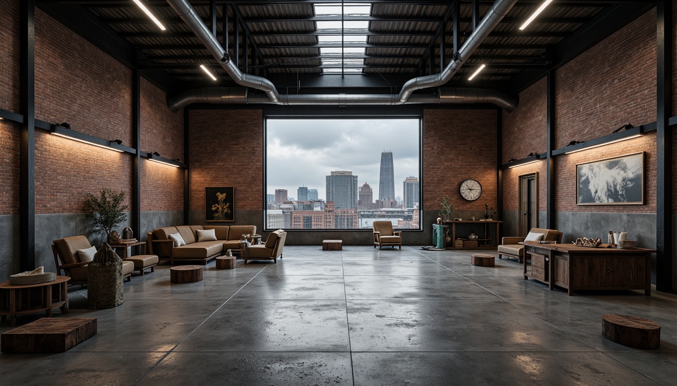 Prompt: Industrial warehouse, exposed brick walls, concrete floors, metallic beams, minimalist decor, functional lighting, raw unfinished textures, distressed wood accents, reclaimed materials, urban cityscape, cloudy overcast day, high-contrast shadows, dramatic spotlighting, 1-point perspective, stark monochromatic color scheme, brutalist architecture, geometric shapes, abstract patterns, mechanical details, futuristic ambiance.