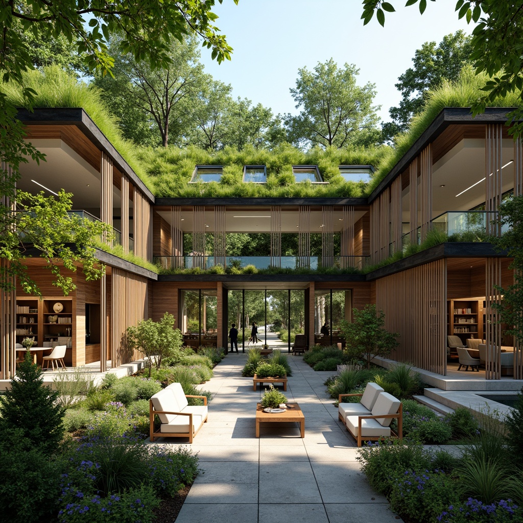 Prompt: Vibrant green roof, lush foliage, natural stone walls, floor-to-ceiling windows, skylights, clerestory windows, open shelving, minimalist decor, wooden accents, comfortable reading nooks, ample seating areas, soft warm lighting, shallow depth of field, 3/4 composition, panoramic view, realistic textures, ambient occlusion, modern sustainable architecture, eco-friendly materials, innovative cooling technologies, shaded outdoor spaces, misting systems, serene atmosphere, peaceful ambiance.