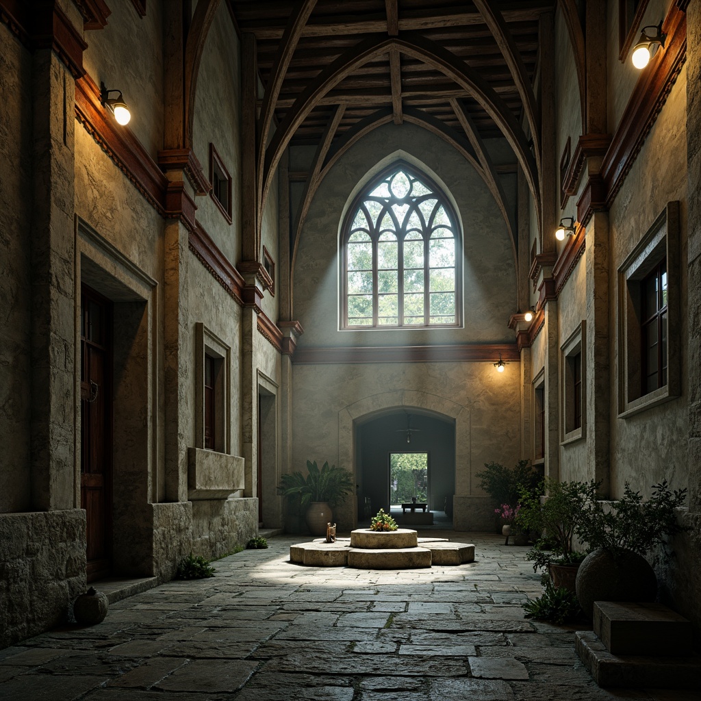 Prompt: Weathered stone walls, rustic monastery architecture, lime-washed facades, distressed wooden accents, ornate metalwork, mystical stained glass windows, vaulted ceilings, grandiose archways, soft warm lighting, atmospheric fog, eerie silence, 1/1 composition, symmetrical framing, muted color palette, earthy tones, moss-covered stones, aged brick textures, subtle gradient effects, cinematic mood, dramatic shadows.