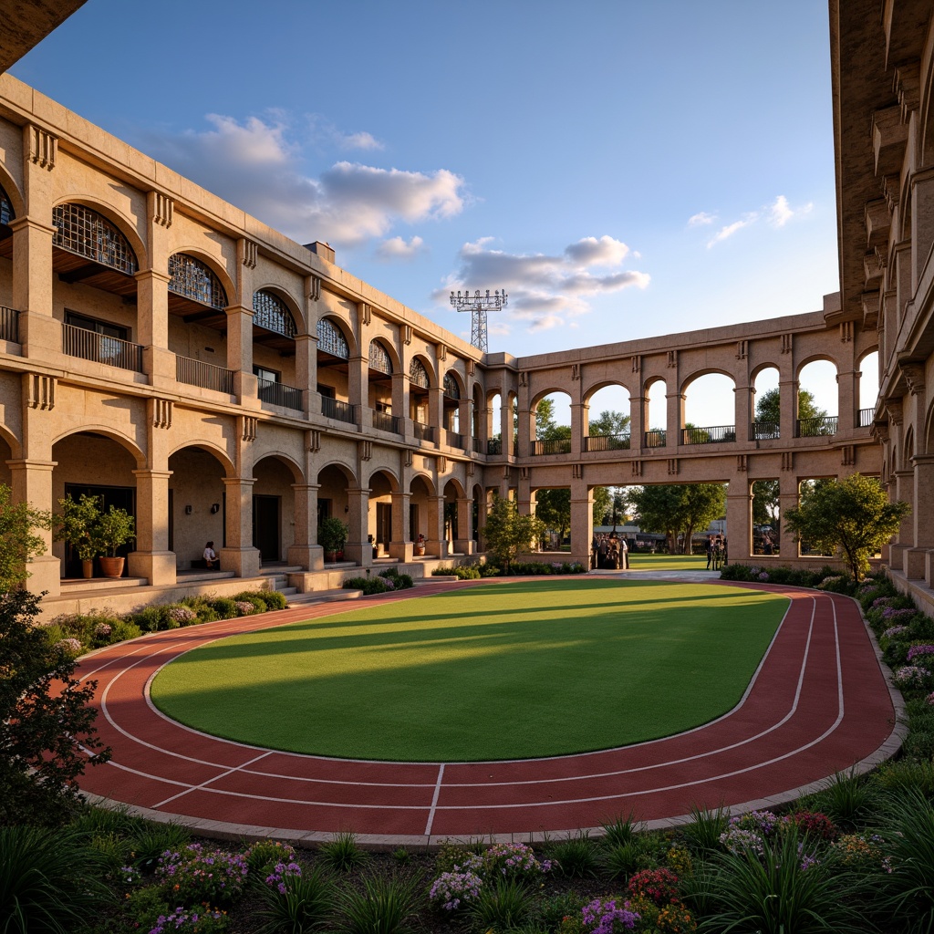 Prompt: Ancient Roman-inspired sports stadium, rustic stone fa\u00e7ade, arched windows, ornate carvings, grand entrance gates, vibrant green grass, athletic track, modern floodlights, evening golden hour, soft warm lighting, shallow depth of field, 3/4 composition, panoramic view, realistic textures, ambient occlusion, columned corridors, vaulted ceilings, decorative mosaics, classic archways, majestic statues, lush Mediterranean landscaping, blooming flowers, tranquil water features.